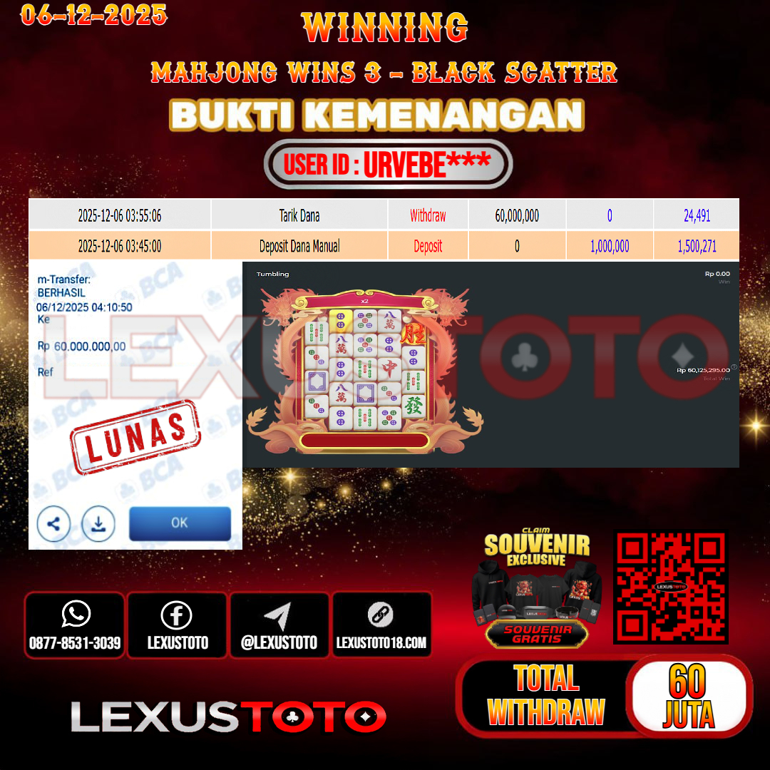 LEXUSTOTO JACKPOT SLOT MAHJONG WINS 3 - BLACK SCATTER Rp.60.000.000,- LUNAS USER ID : URVEBE***