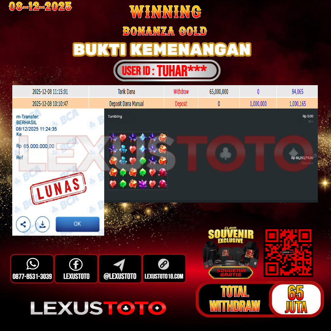 LEXUSTOTO JACKPOT SLOT BONANZA GOLD Rp.65.000.000,- LUNAS USER ID : TUHAR***