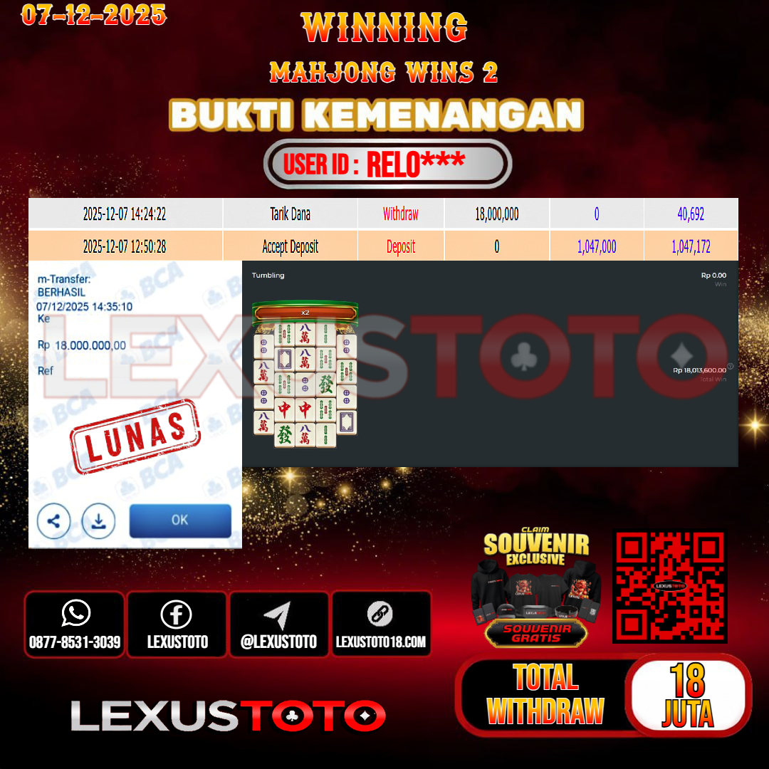 LEXUSTOTO JACKPOT SLOT MAHJONG WINS 2 Rp.18.000.000,- LUNAS USER ID : RELO***
