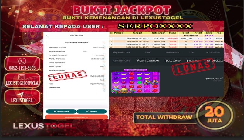 LEXUSTOTO  JACKPOT SLOT  SWEET   BONANZA  Rp.  20.000.000,-     LUNAS  ID : SERPO***