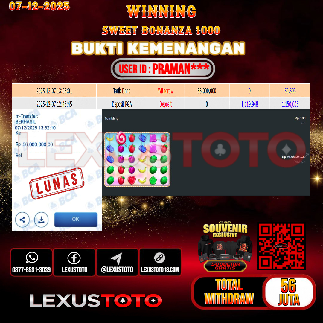 LEXUSTOTO JACKPOT SLOT SWEET BONANZA 1000 Rp.56.000.000,- LUNAS USER ID : PRAMAN***