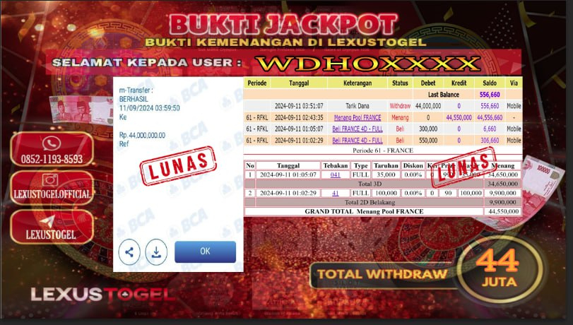 LEXUSTOTO  JACKPOT TOGEL PASARAN FRANCE Rp. 44.000.000,-     LUNAS  ID : WDHO***