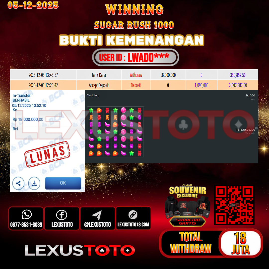 LEXUSTOTO JACKPOT SLOT SUGAR RUSH 1000 Rp.18.000.000,- LUNAS USER ID : LWADO***