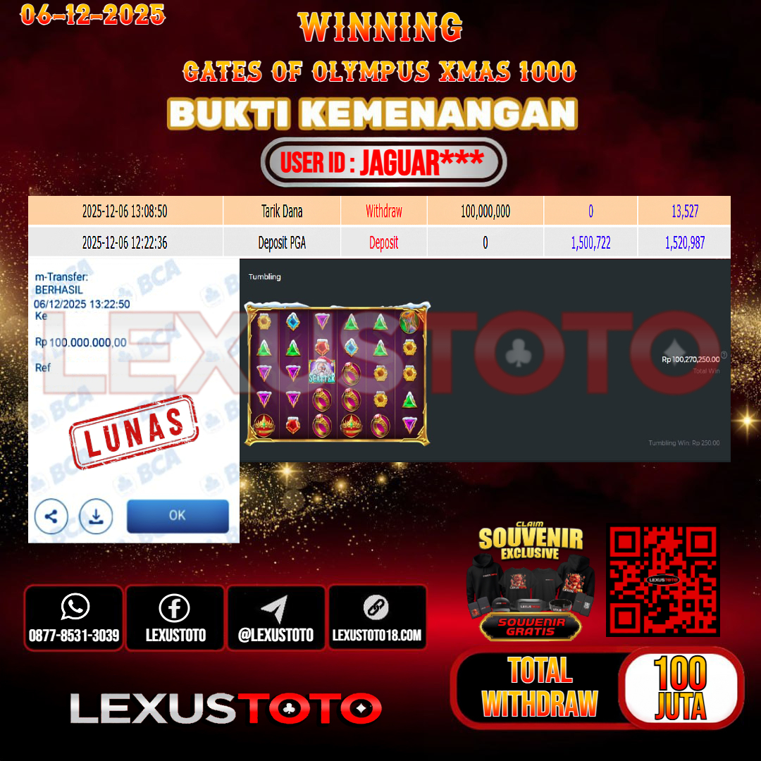 LEXUSTOTO JACKPOT SLOT GATES OF OLYMPUS XMAS 1000 Rp.100.000.000,- LUNAS USER ID : JAGUAR***