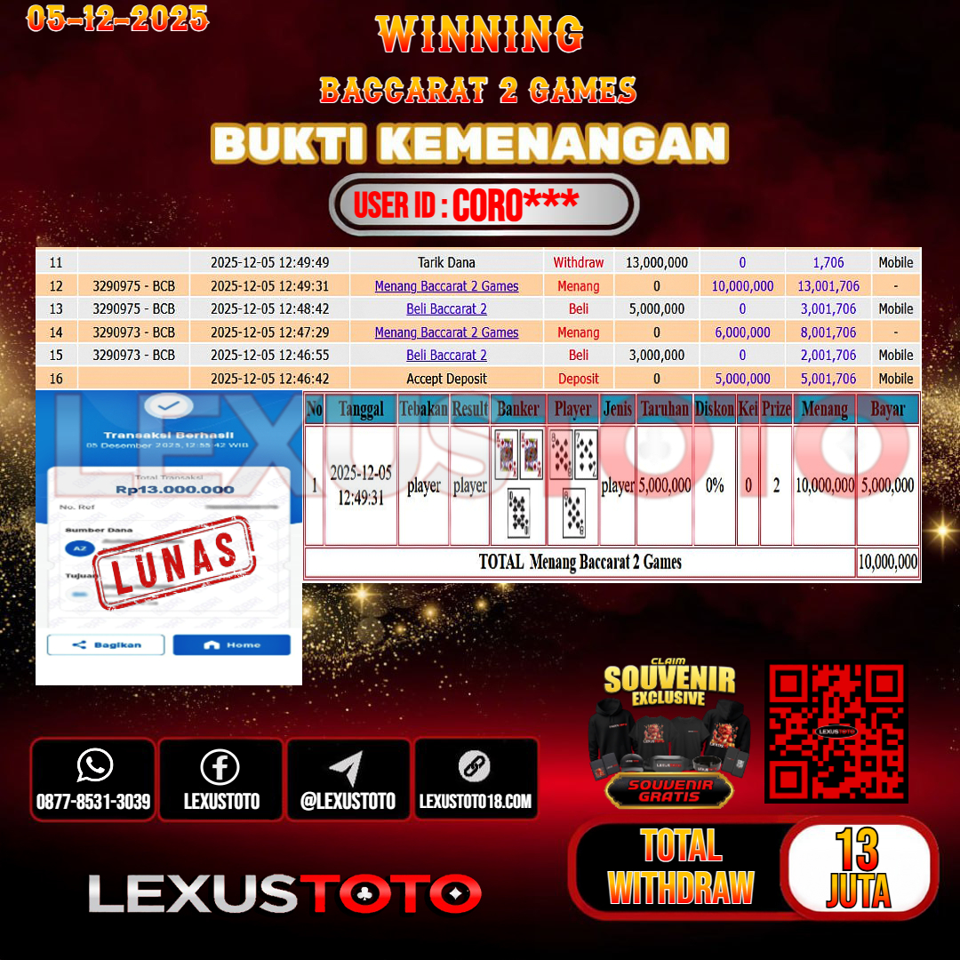 LEXUSTOTO JACKPOT LIVE GAMES BACCARAT 2 Rp.13.000.000,- LUNAS USER ID : CORO***