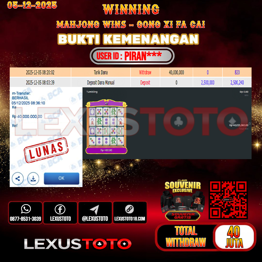 LEXUSTOTO JACKPOT SLOT MAHJONG WINS - GONG XI FA CAI Rp.40.000.000,- LUNAS USER ID : PIRAN***