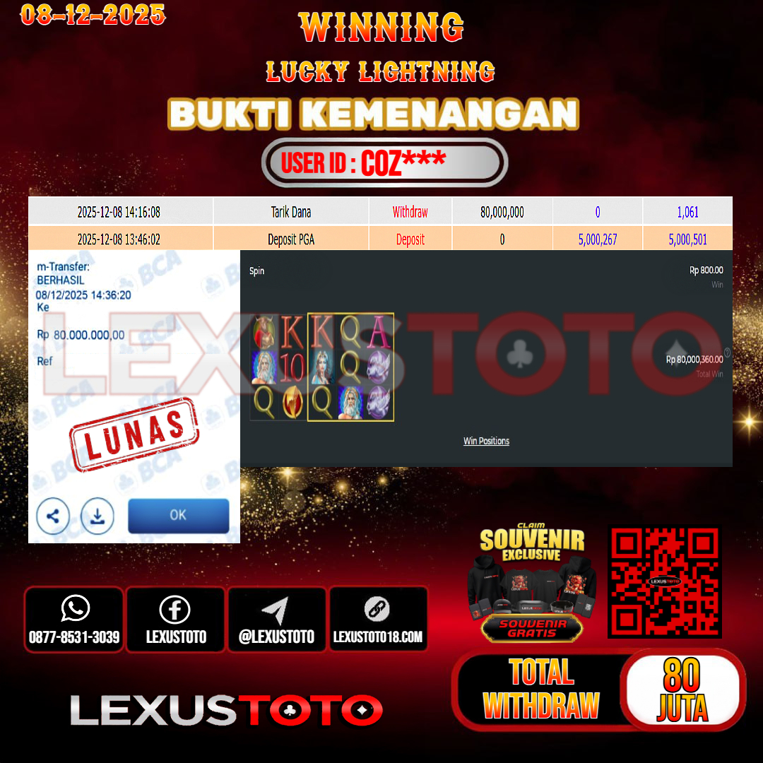 LEXUSTOTO JACKPOT SLOT LUCKY LIGHTNING Rp.80.000.000,- LUNAS USER ID : `COZ***